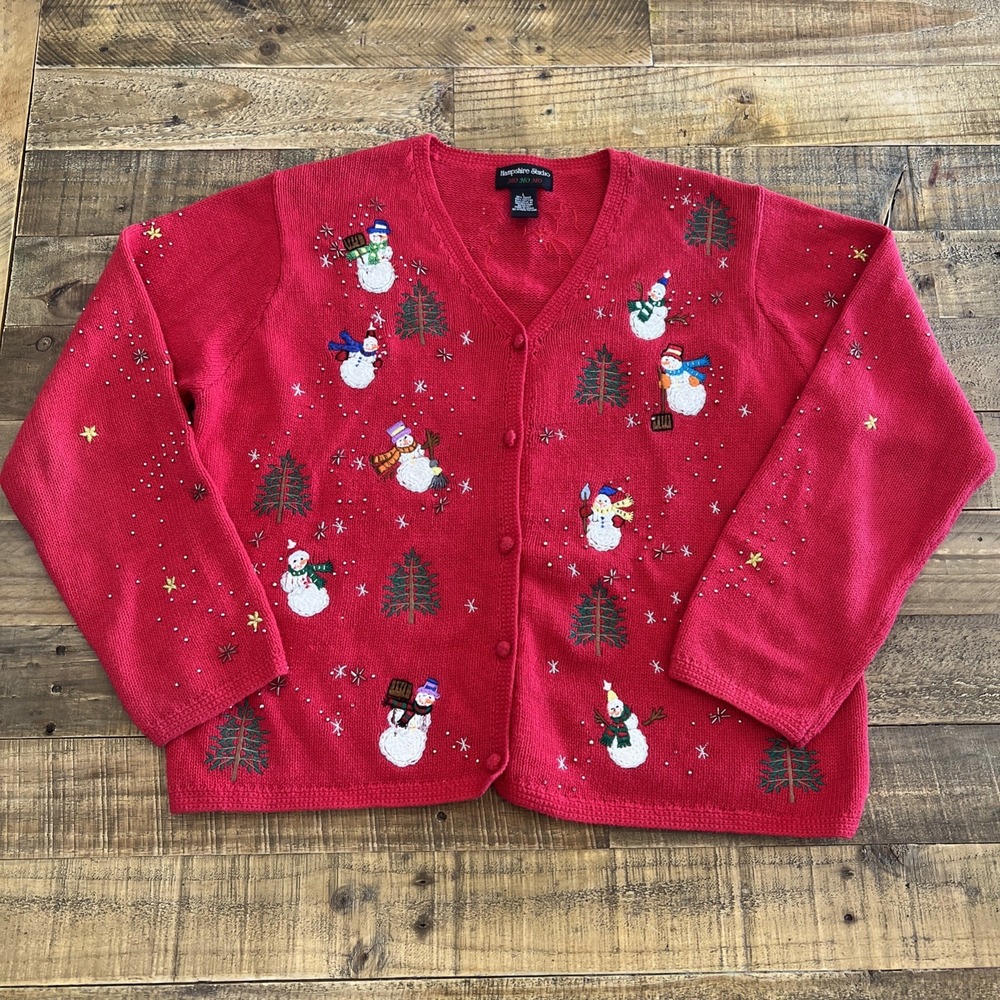Women's Red Knit Embroidered Snowman Christmas Cardigan- Size L Hampshire Studio